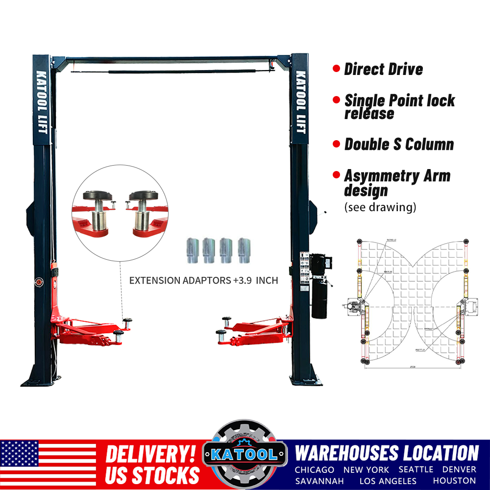 KT-AS110D Two Post Asymmetrical Vehicle Lift 11,000lbs Single Point Lock Release