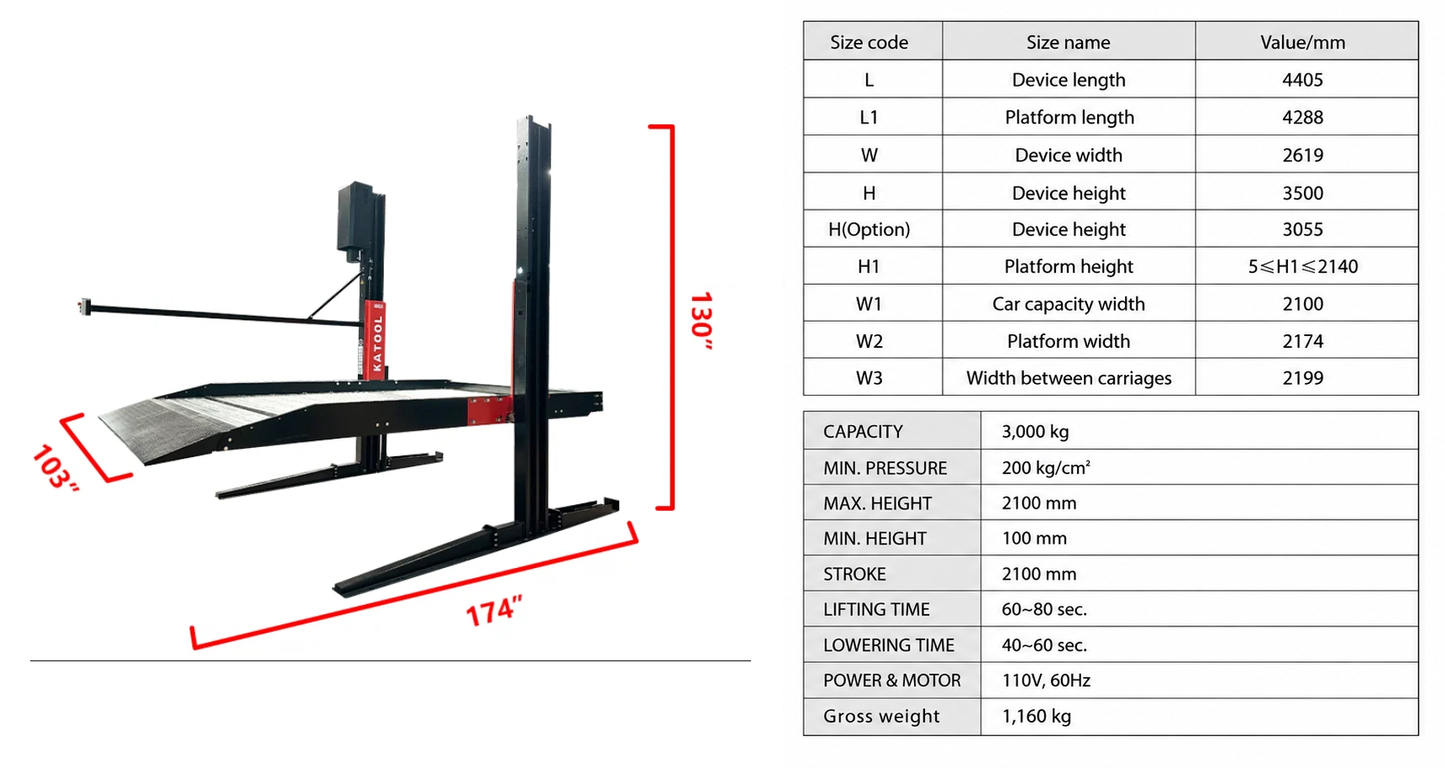 Katool KT-P2700 6,600lbs Two Post Parking Lift