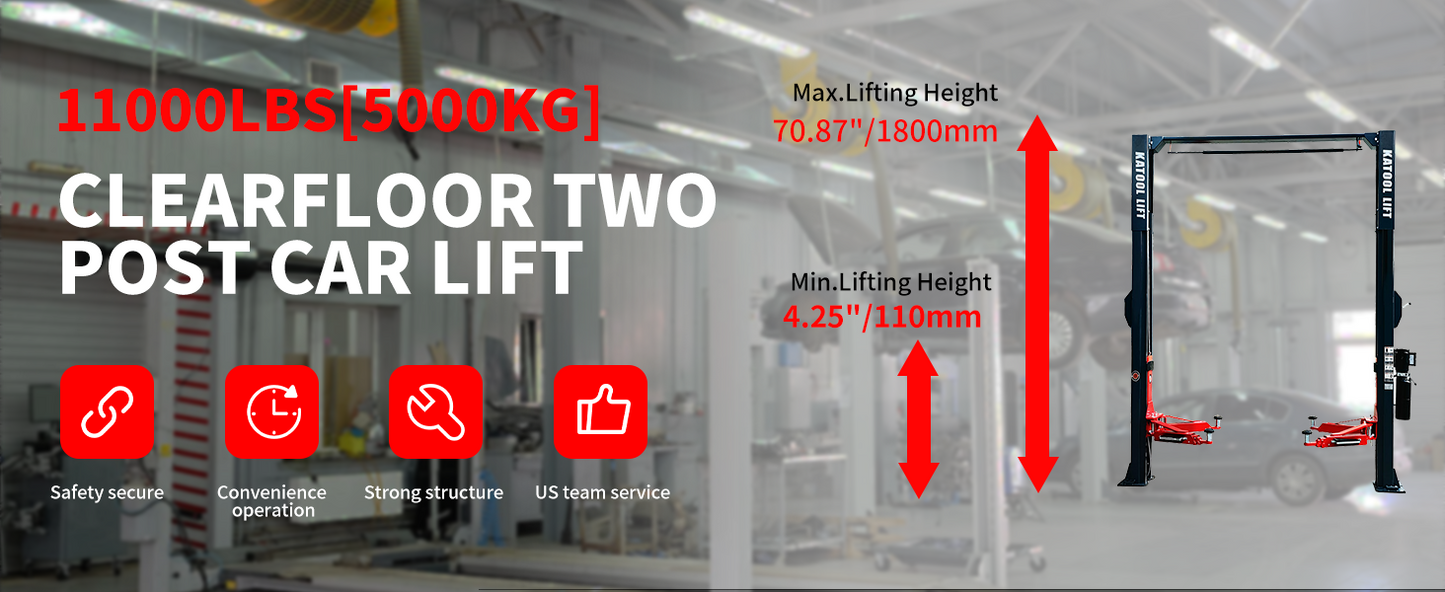 KT-AS110D Two Post Asymmetrical Vehicle Lift 11,000lbs Single Point Lock Release