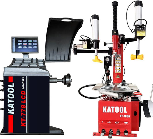 KATOOL 2.0HP Tire Changer Machine Combo with Bead Blaster Double Assist Arm High-Definition Screen Wheel Balancer Machine with Laser Positioning and Wheel Guard Automatic Measurement Ruler for Shop