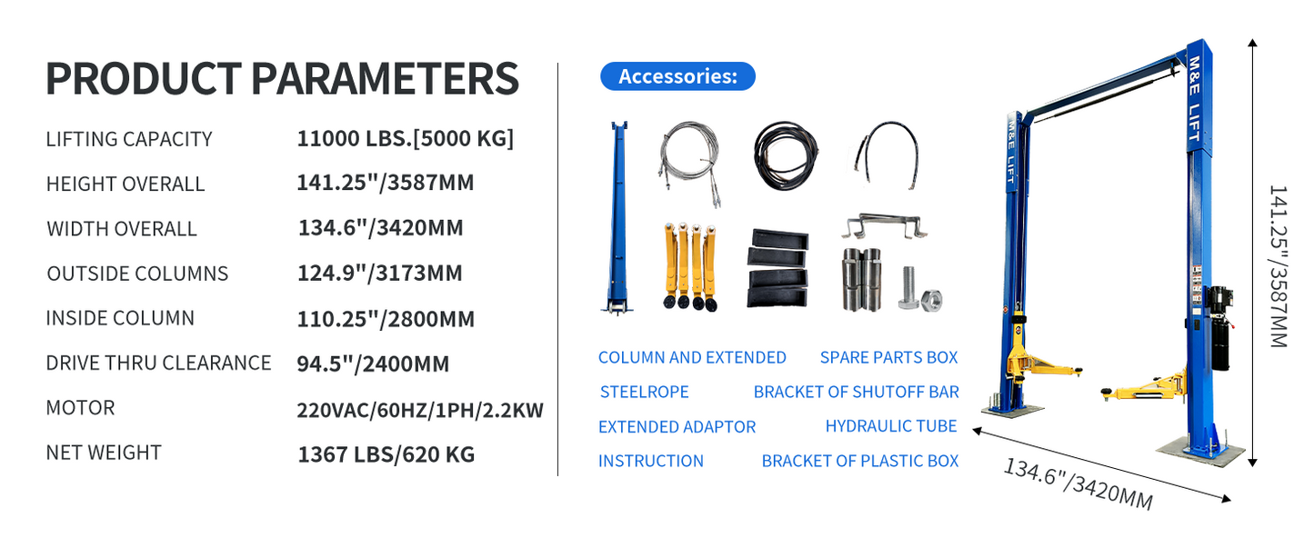 M&E 2 Post Lift 11000lbs Two Post Auto Lift Auto Truck Hoist Super Quality-ME-LM110S