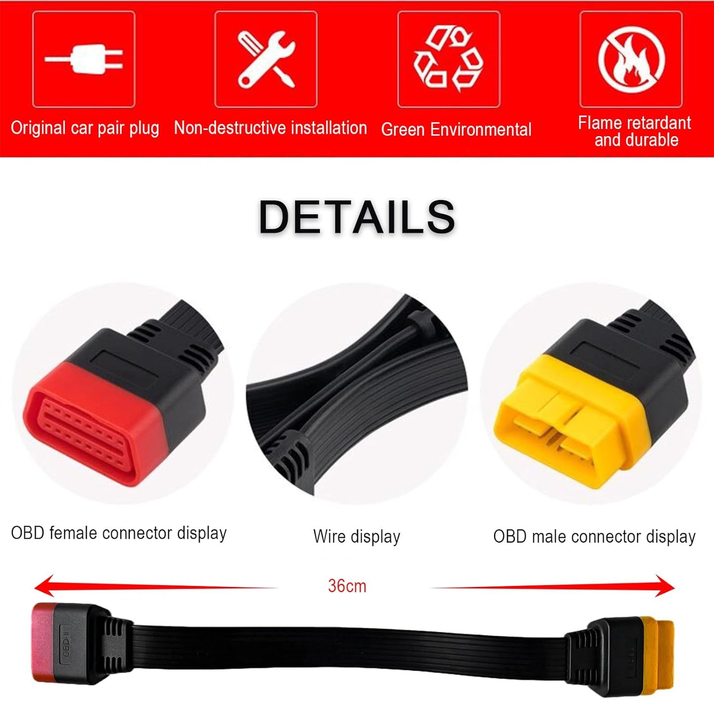 OBD2 Extension Cable,Universal Full 16pin Male to Female for Car OBD Diagnostic Extender Cord Connector