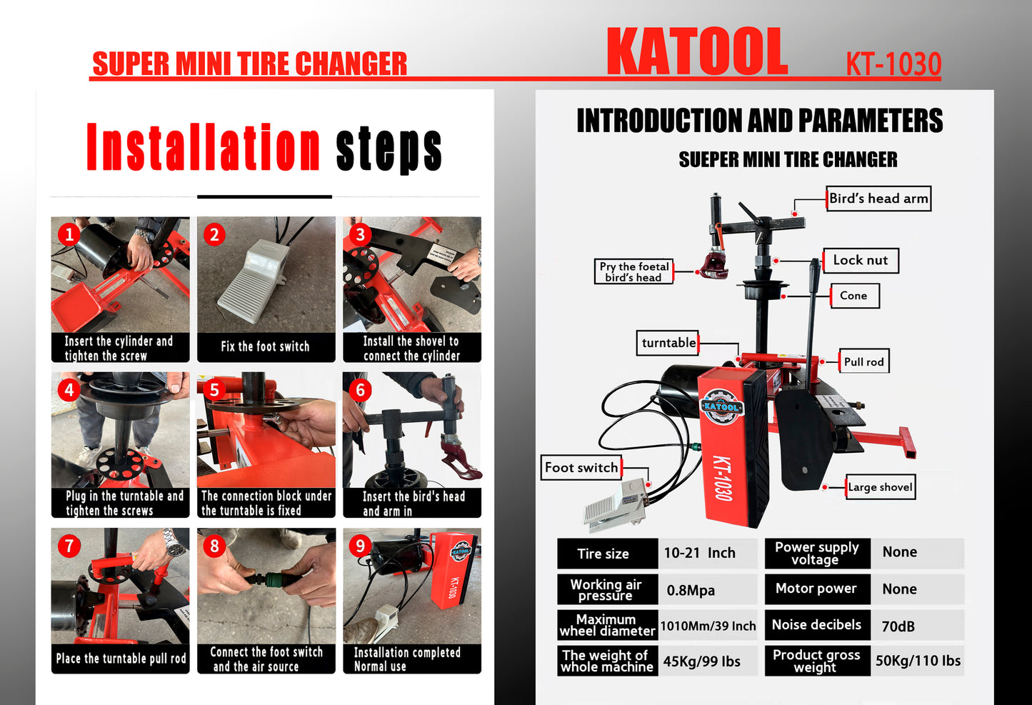 Katool KT-1030P Mini Tire Changer Machine for 10"-21" Rims