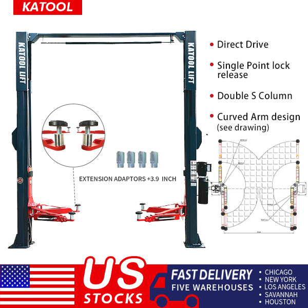 KT-AS110D Two Post Asymmetrical Vehicle Lift 11,000lbs Single Point Lock Release