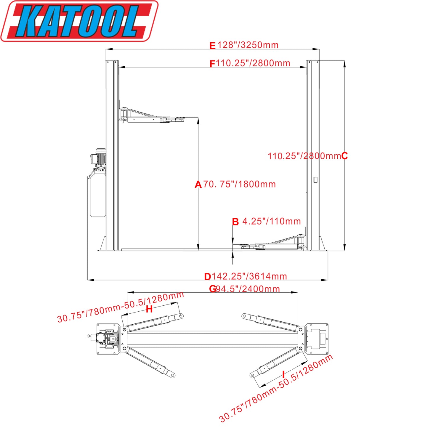 KT-H100 Two Post Vehicle Lift 10,000lbs