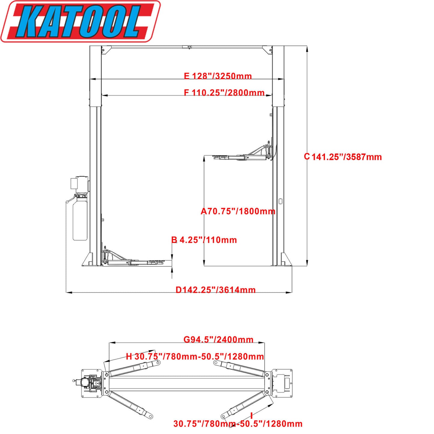 KT-M110 Two Post Clear-floor Vehicle Lift 11,000lbs